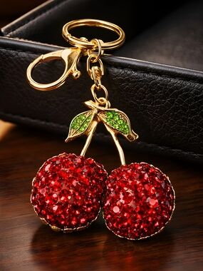 Red Crystal Cherry Keychain with Gold-Tone Hardware